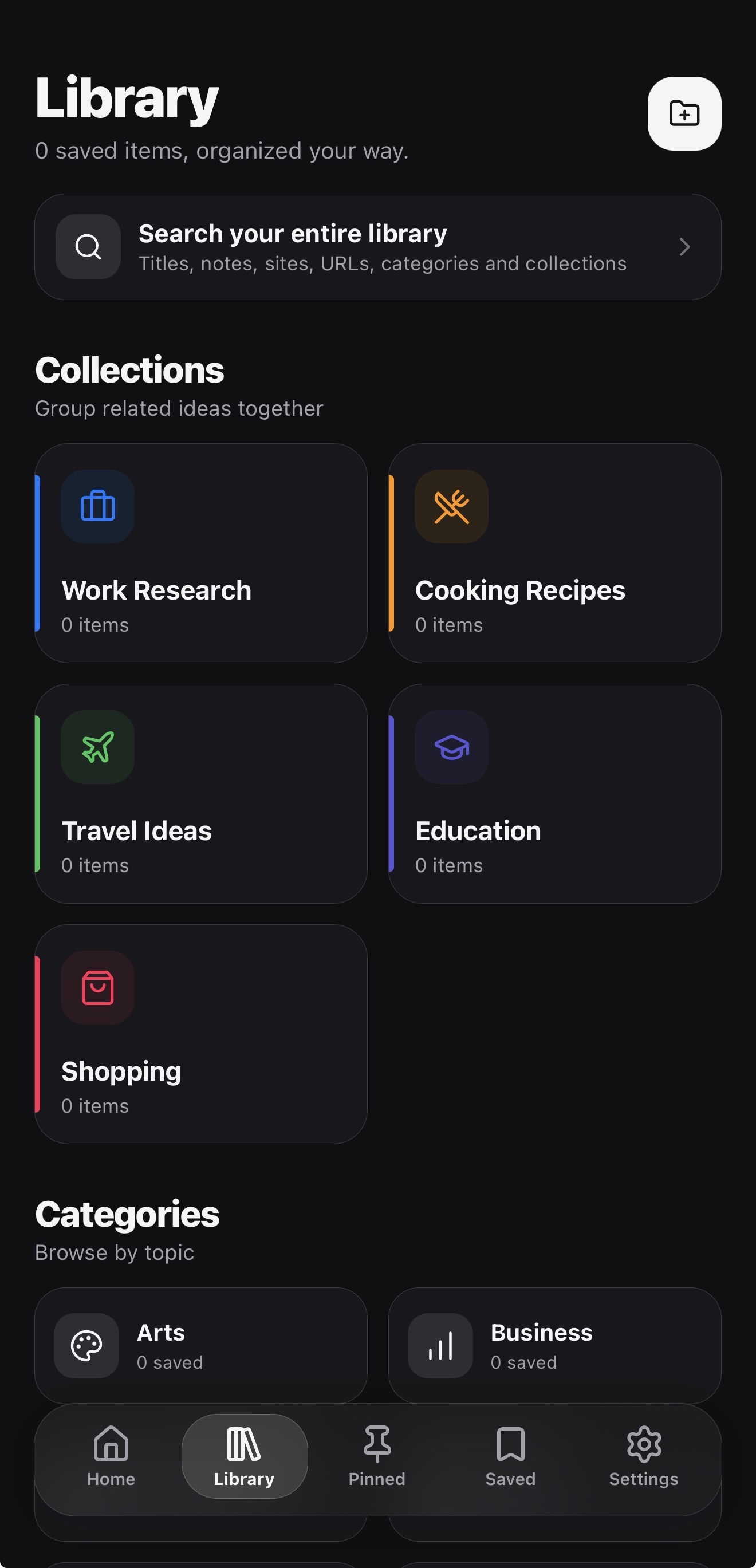 PagePin Library screen with Collections such as Work Research and Cooking Recipes, plus Categories to browse by topic.
