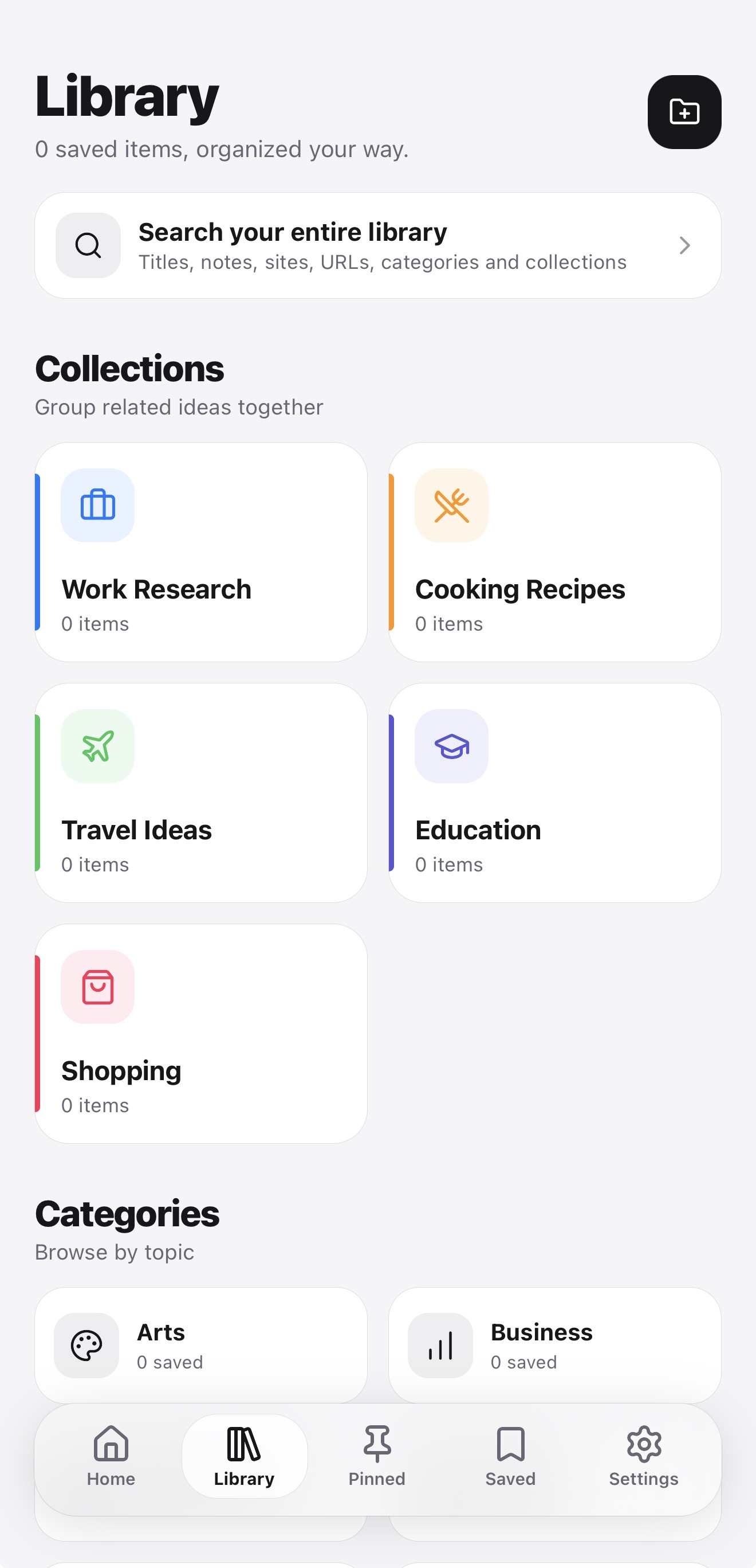 PagePin Library screen with Collections such as Work Research and Cooking Recipes, plus Categories to browse by topic.