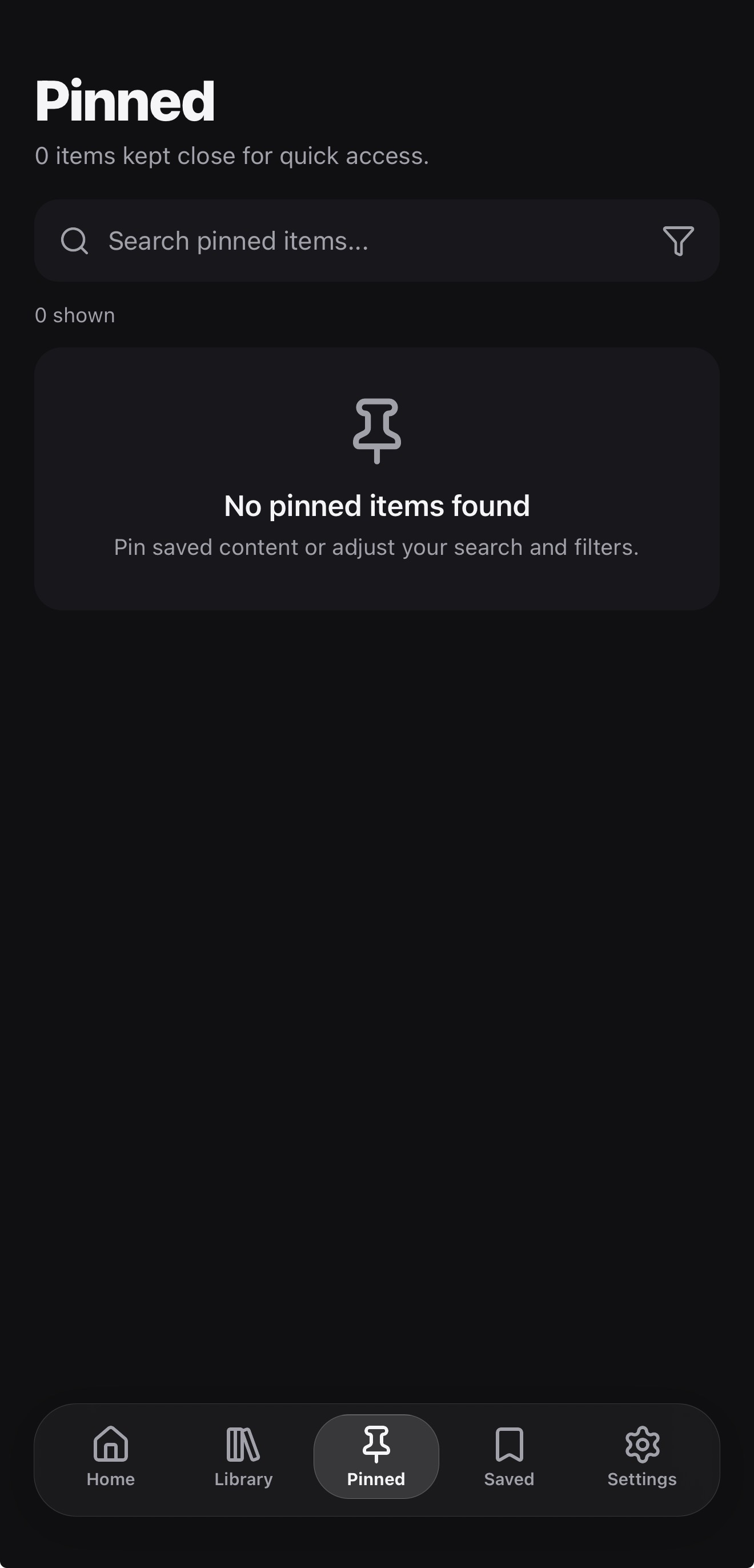 PagePin Pinned screen with a search field and an empty state prompting you to pin saved content.