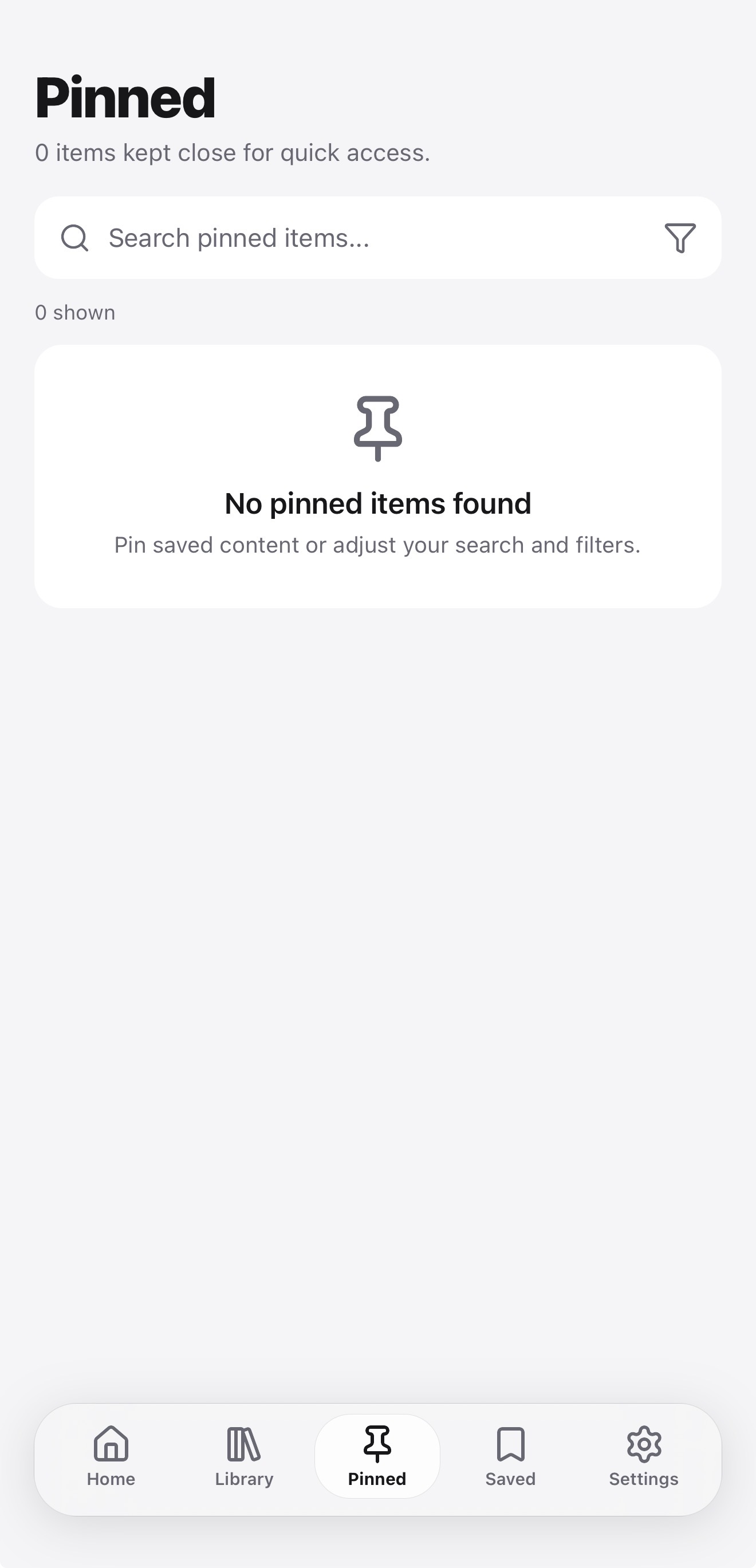 PagePin Pinned screen with a search field and an empty state prompting you to pin saved content.