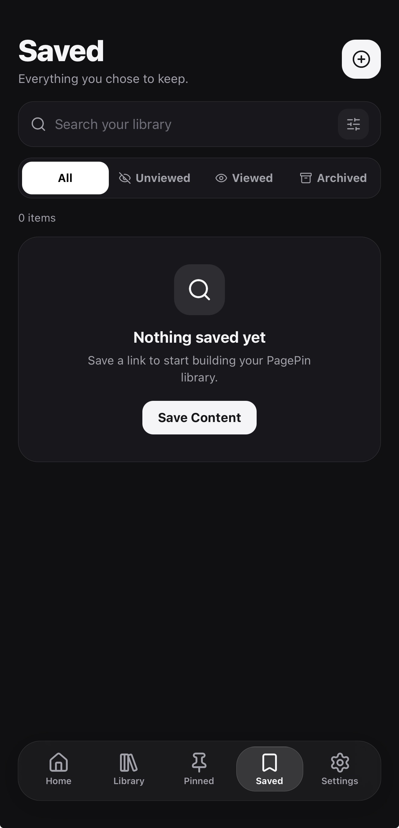 PagePin Saved screen with All, Unviewed, Viewed, and Archived filters and a Save Content button.