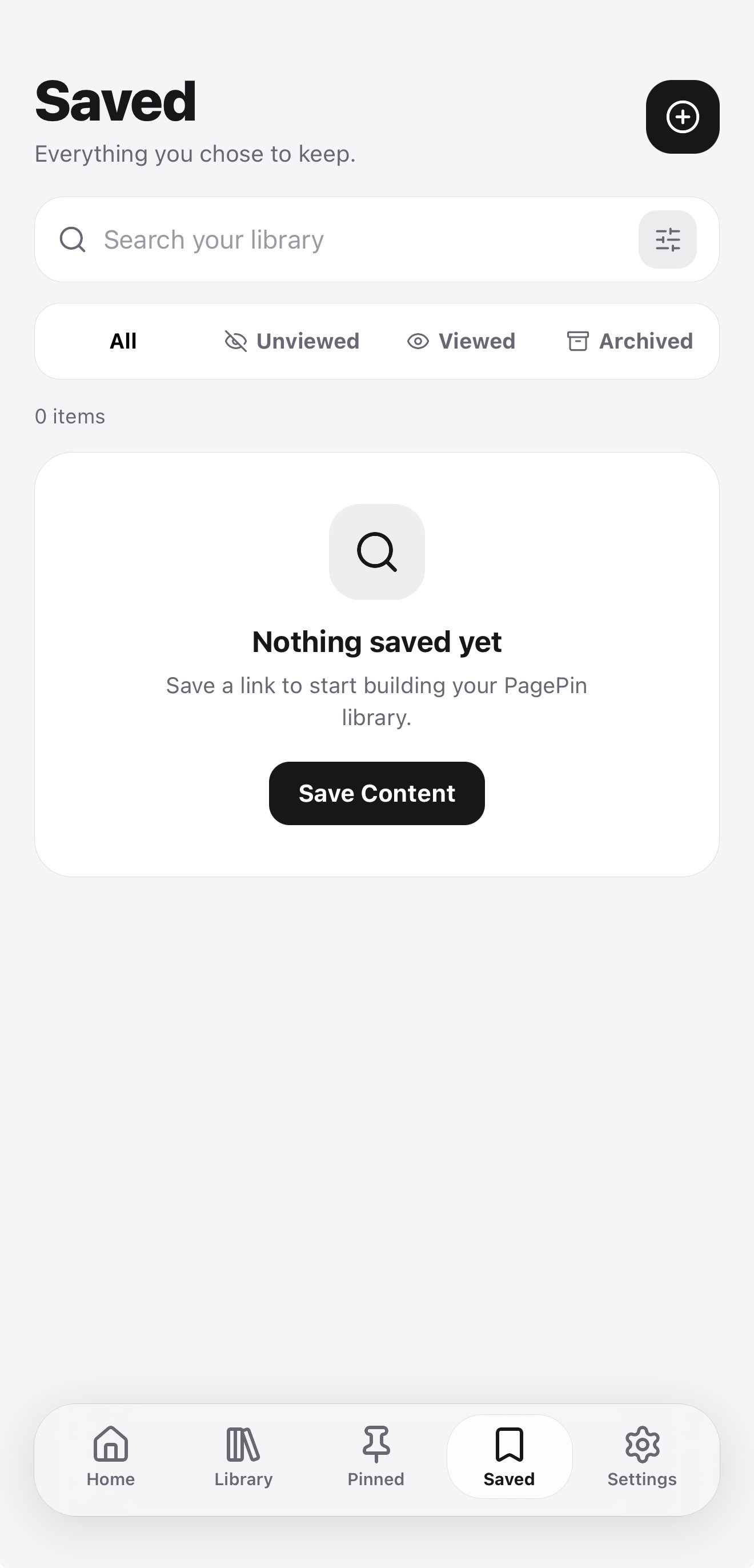 PagePin Saved screen with All, Unviewed, Viewed, and Archived filters and a Save Content button.