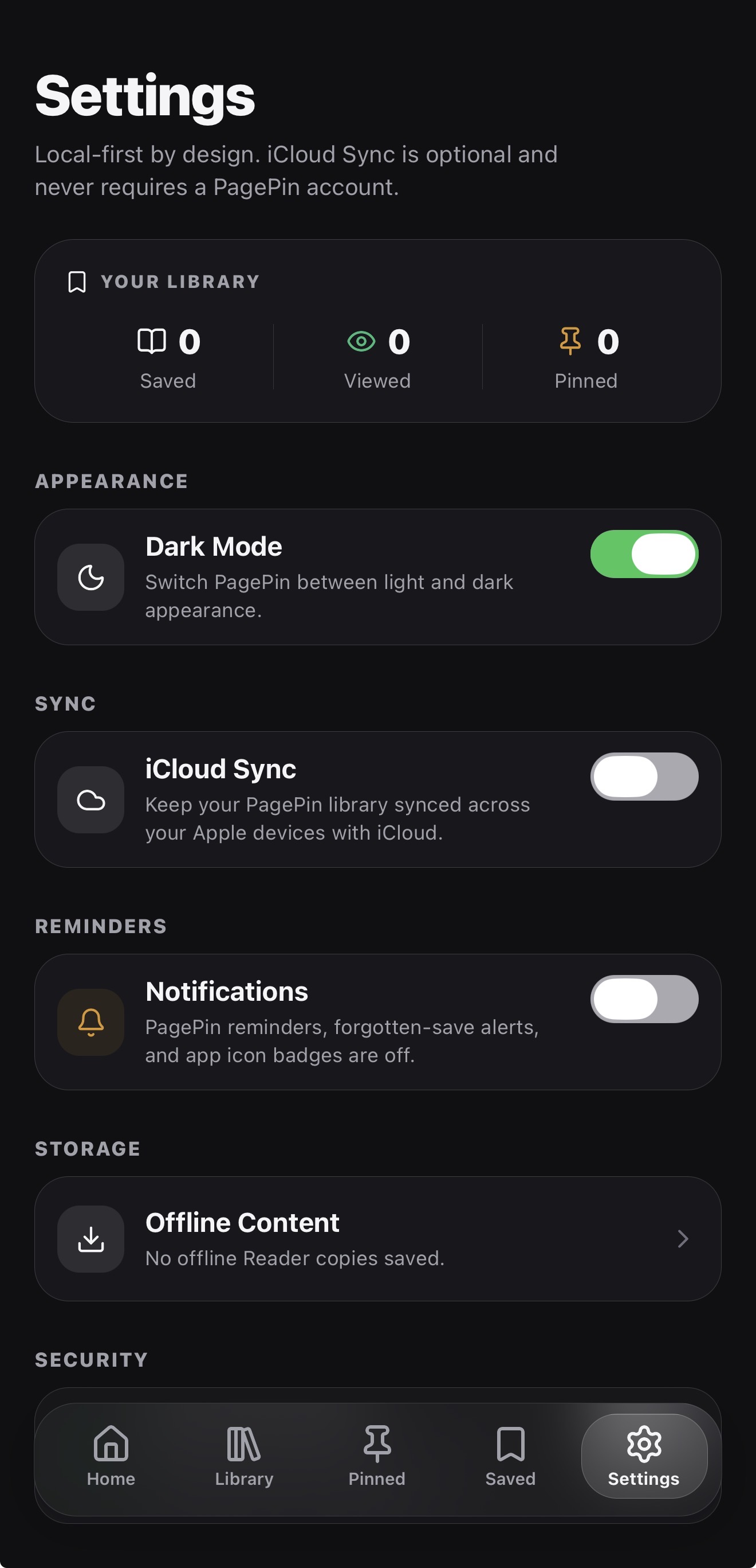 PagePin Settings screen showing library stats, Dark Mode, iCloud Sync, Notifications, and Offline Content controls.