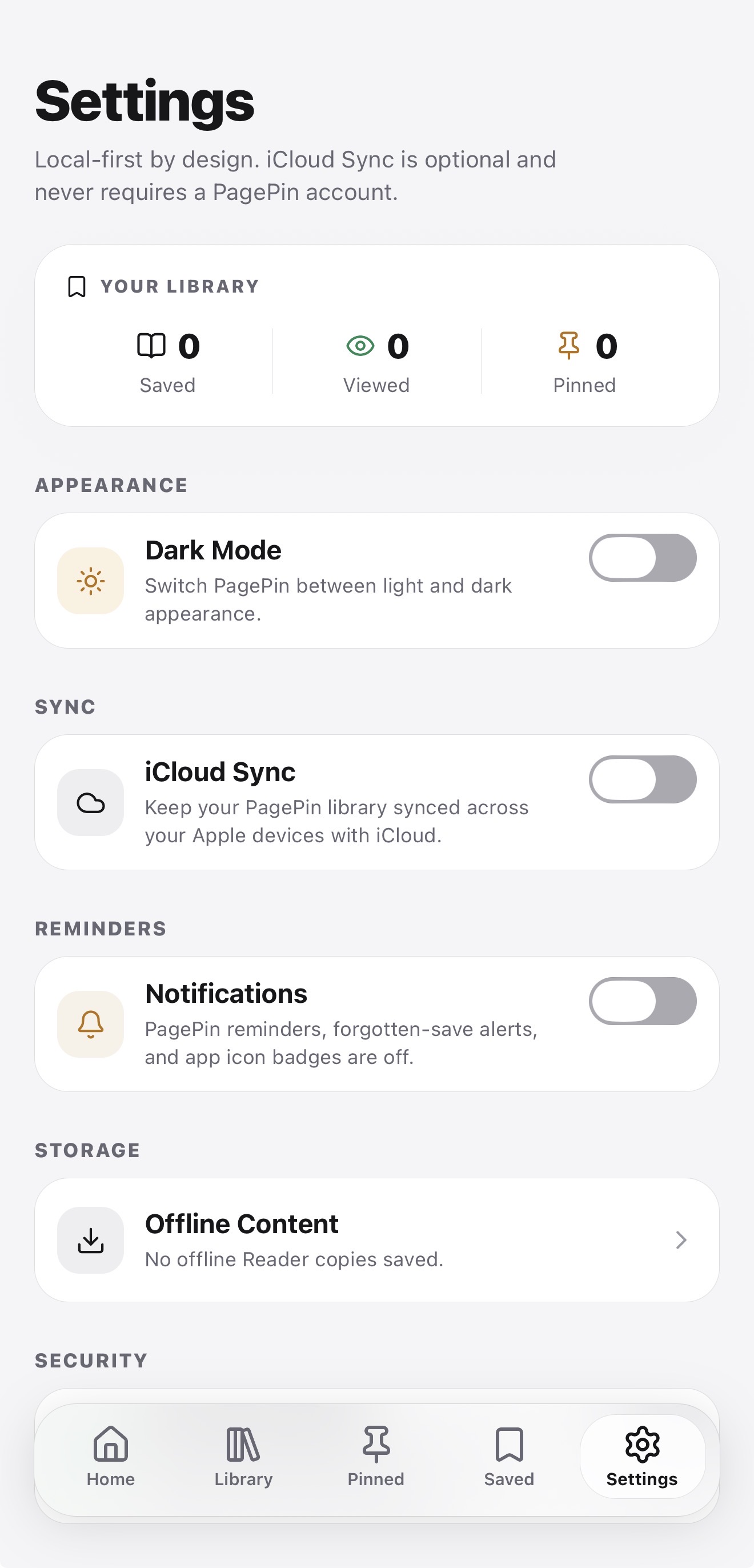PagePin Settings screen showing library stats, Dark Mode, iCloud Sync, Notifications, and Offline Content controls.
